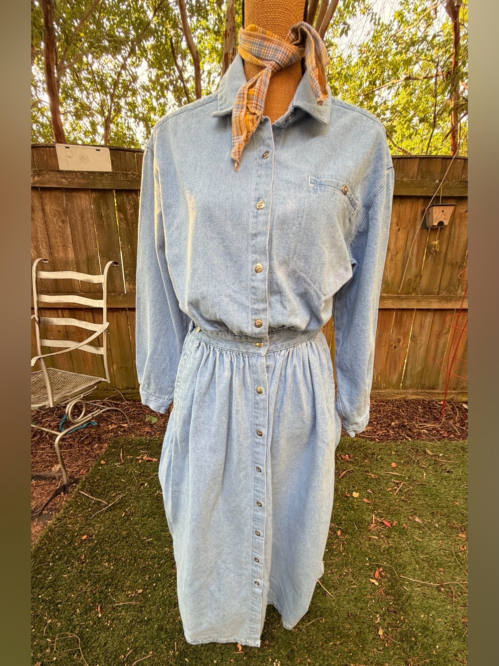 Vintage 90s Denim Maxi Dress M Light Wash Button Front Cotton Western Grunge